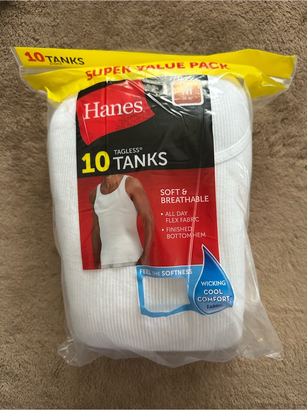 Pack of 10 Men's Hanes Sleeveless T-Shirts, Size M, White, New